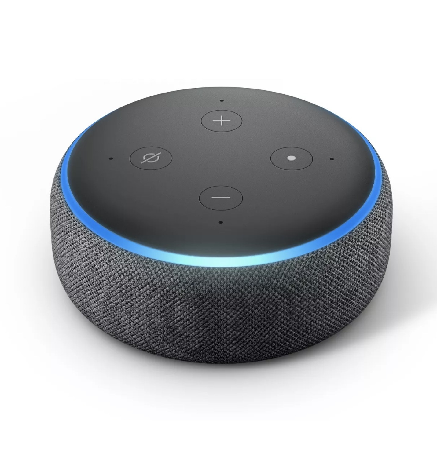 The top of an Echo Dot with the blue ring lit up
