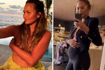 Chrissy Teigen at a beach taking a topless selfie while covering her chest with one arm / Chrissy cradling her third baby bump in Twitter video