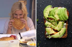 On the left, Amy Poehler takes a bite of a waffle as Leslie Knope on "Parks and Rec," and on the right, a slice of avocado toast