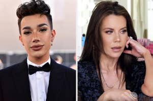 James Charles on the red carpet next to a screencap of one of Tati Westbrook's videos