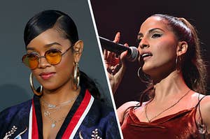 H.E.R. is on the left wearing sunglasses and large earrings with Snoh Aalegra is on the right singing into a mic