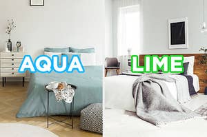 On the left, a bedroom with a bedside table, bed, and a small table in front of the bed with "aqua" typed on top of the image, and on the right, a bedroom with. a tile floor and a large bed with a wooden headboard with "lime" typed on top of the image