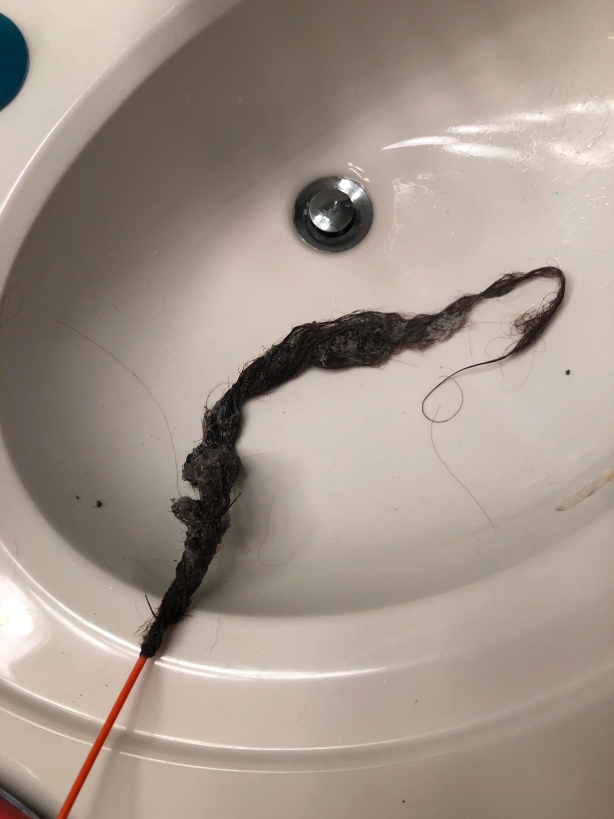 Reviewer pic of the wire-like FlexiSnake with a huge club of wet hair on the end