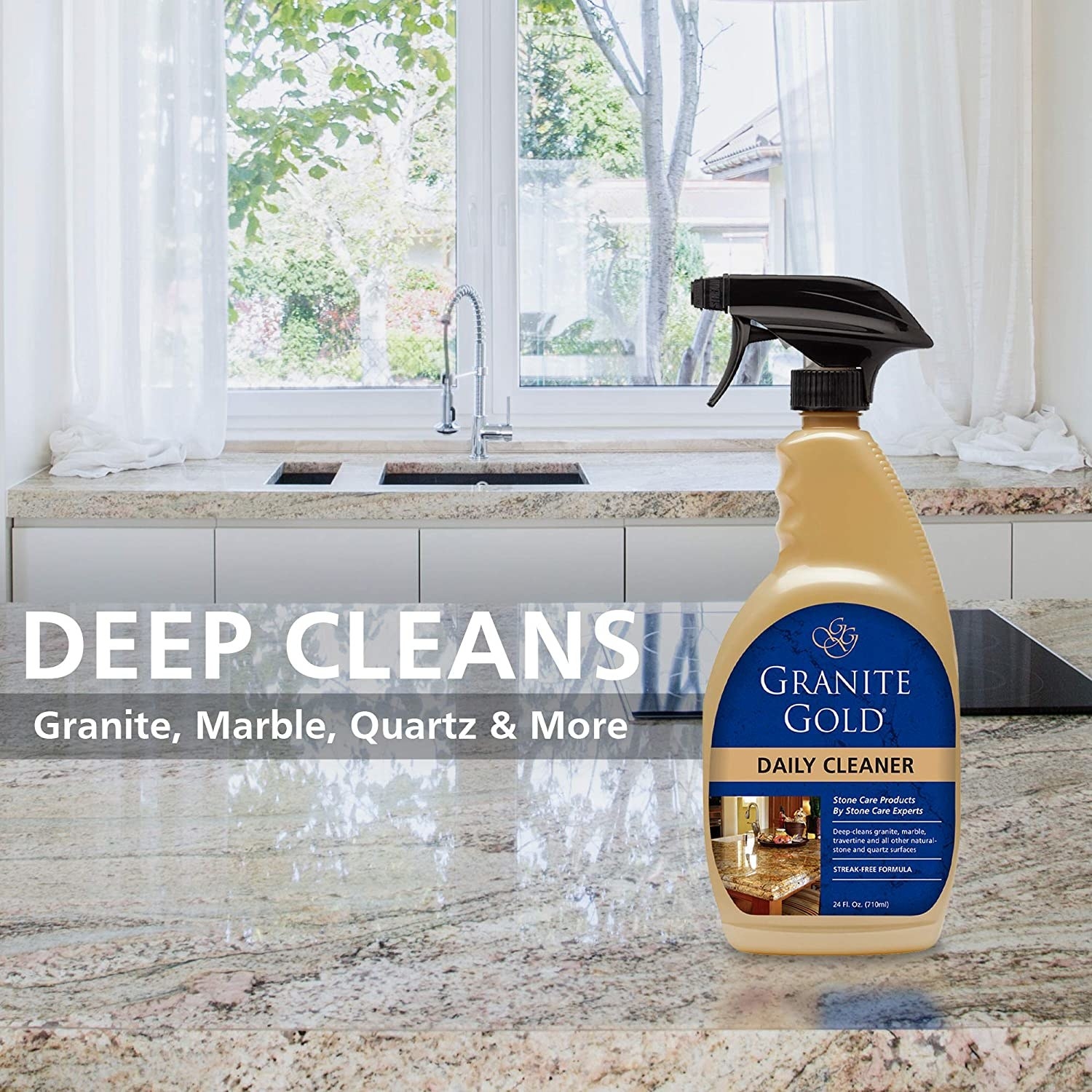 The spray bottle of Granite Gold Daily Cleaner sitting on a counter