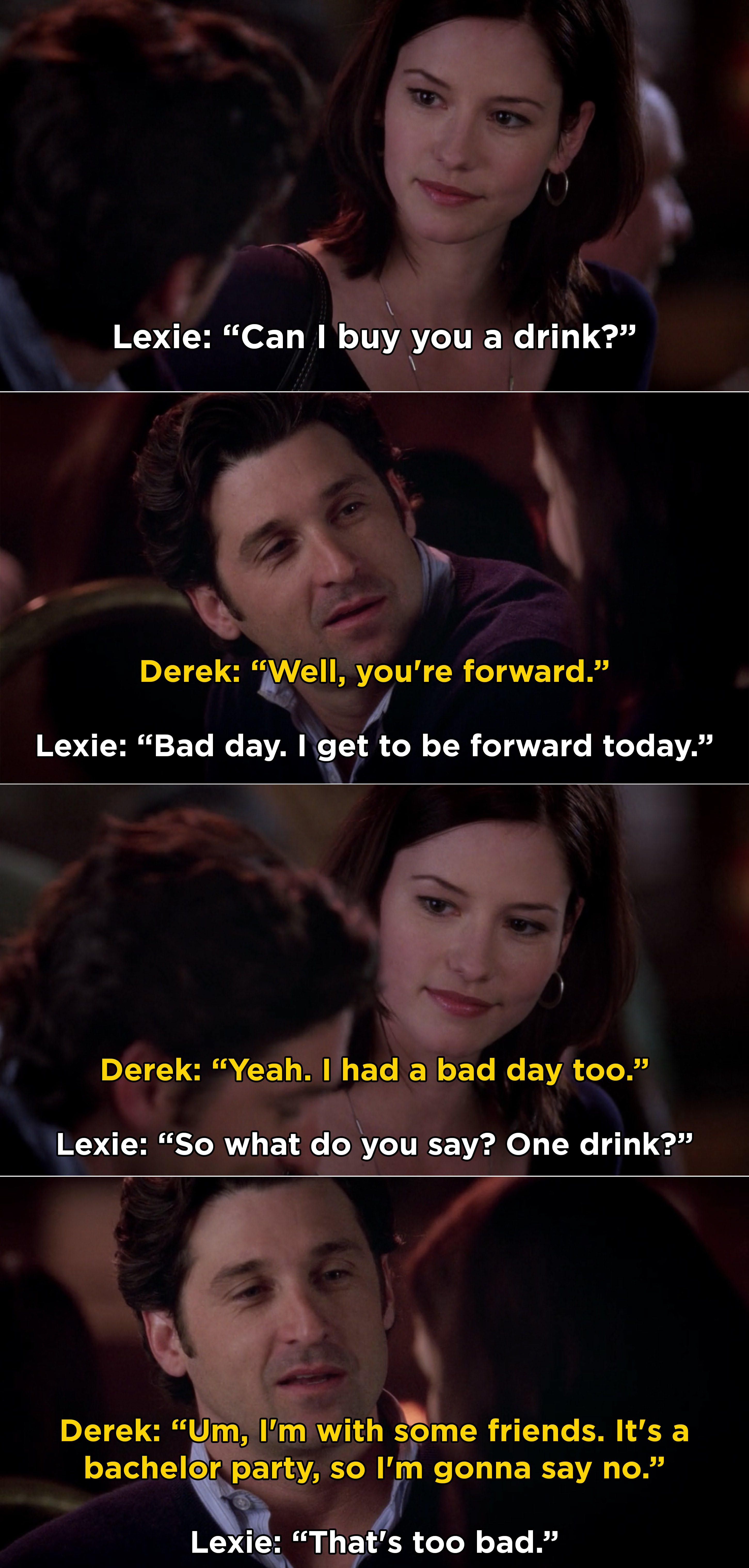 Lexie meeting Derek in a bar and asking to buy him a drink