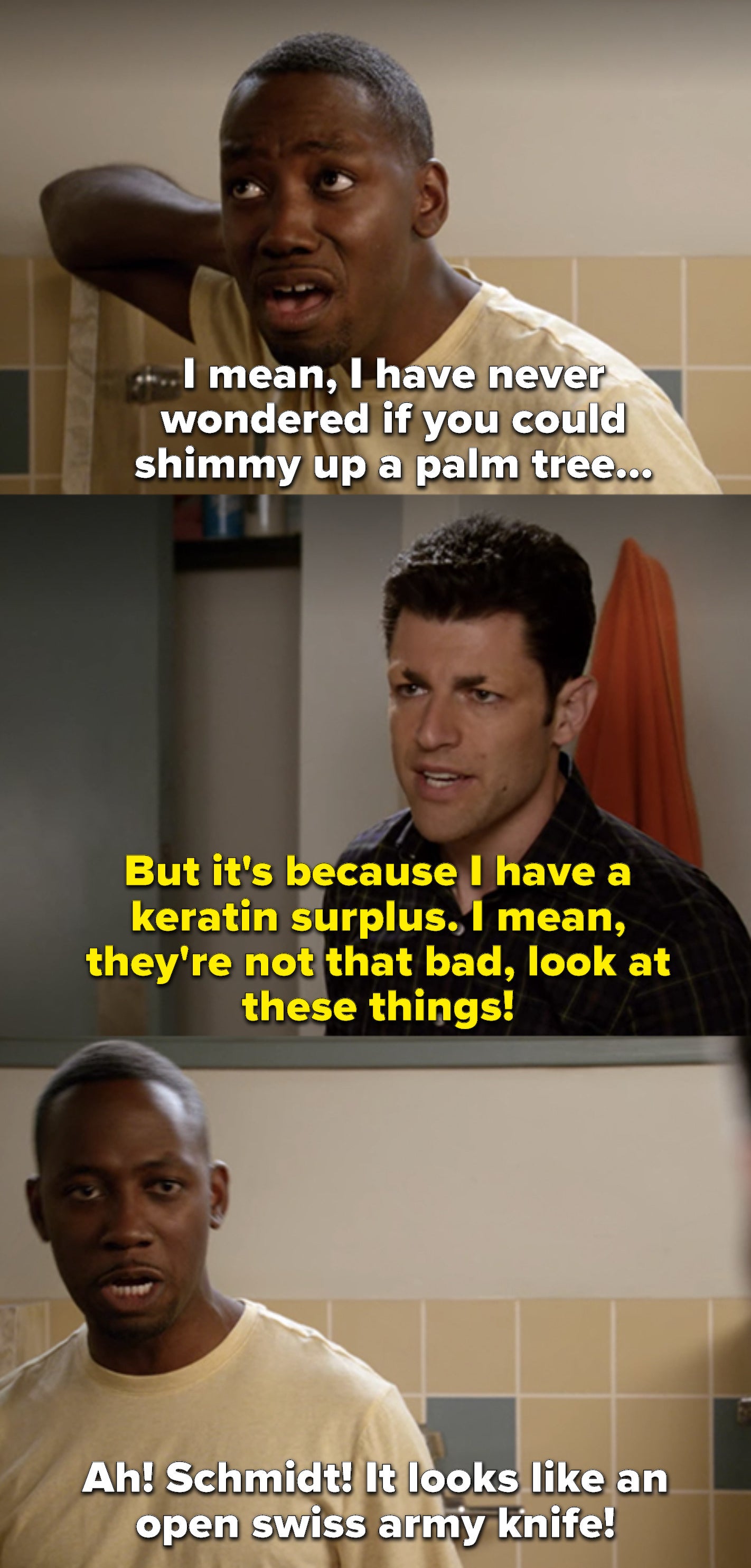 Winston: "I mean, I have never wondered if you could shimmy up a palm tree." Schmidt: "But it's because I have a keratin surplus. I mean, they're not that bad, look at these things!" Winston: "Ah! Schmidt! It looks like an open swiss army knife!"