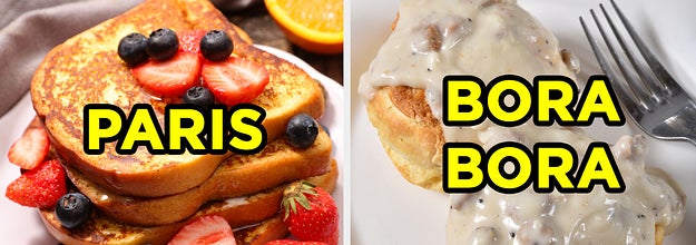 On the left, French toast topped with blueberries and strawberries with 