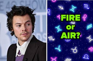 Harry Styles is on the left with a zodiac poster on the right labeled, "fire or air?"