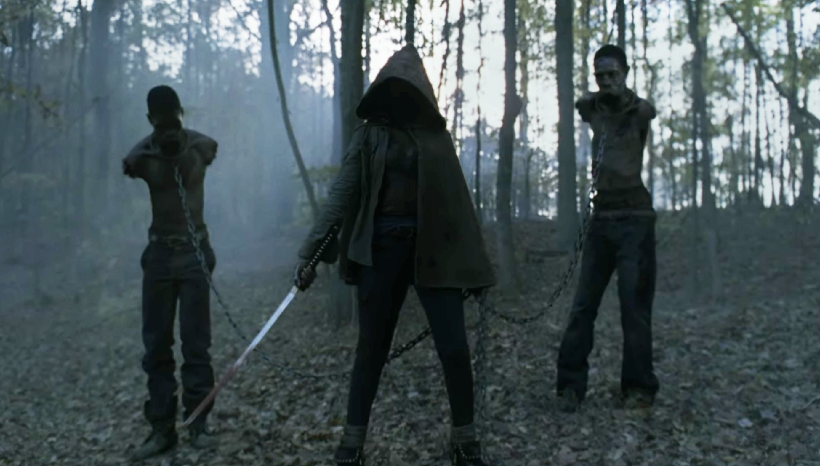 Michonne alongside her two armless walkers