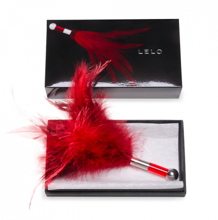 Bright red feather teaser with red feathers and a silver ball tip in a black box