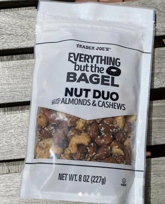 Bag of Trader Joe&#x27;s Everything But the Bagel Nut Duo against a wood background