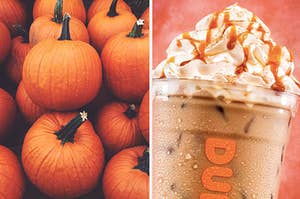 A pile of pumpkins on the left with a Dunkin' pumpkin iced latte on the right, topped with whipped cream and caramel drizzle