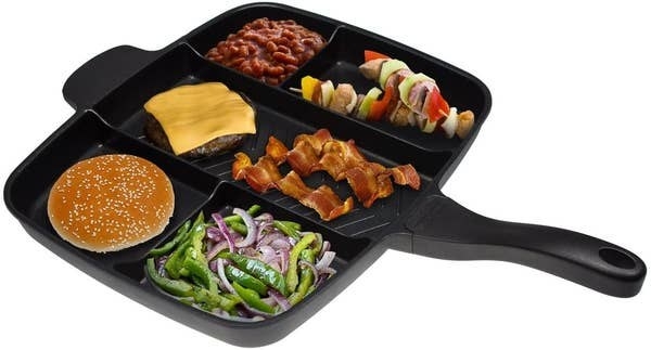 The sectioned skillet with some different cooking in each section