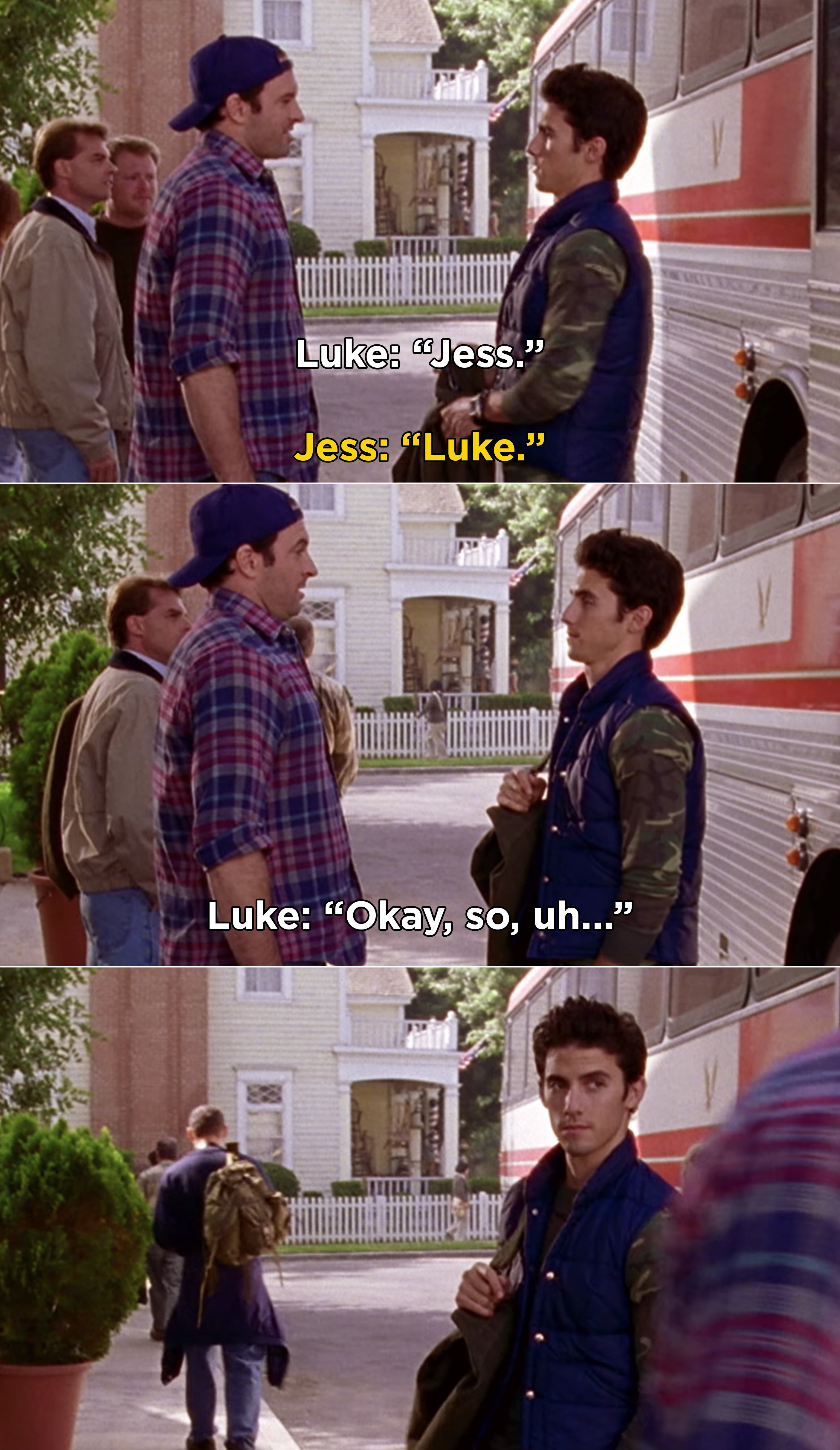 Luke and Jess awkwardly greeting each other after Jess steps off a bus