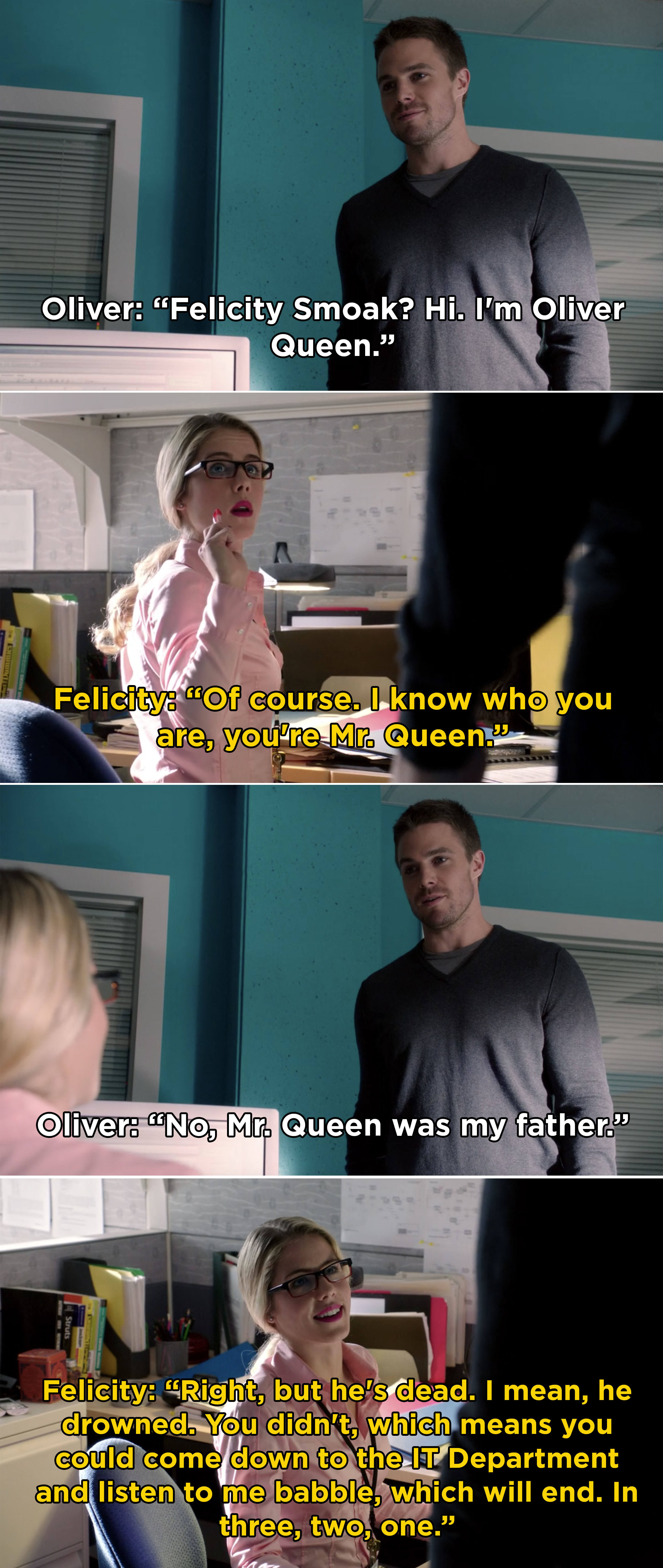 Oliver in the IT department meeting Felicity for the first time