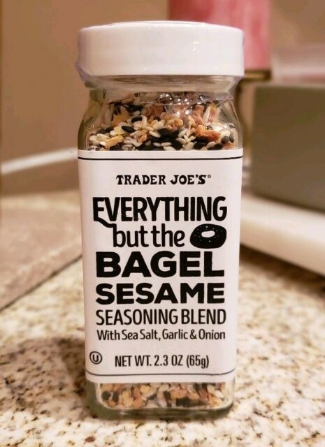 Bottle of Everything But the Bagel Seasoning from Trader Joe&#x27;s on a kitchen counter