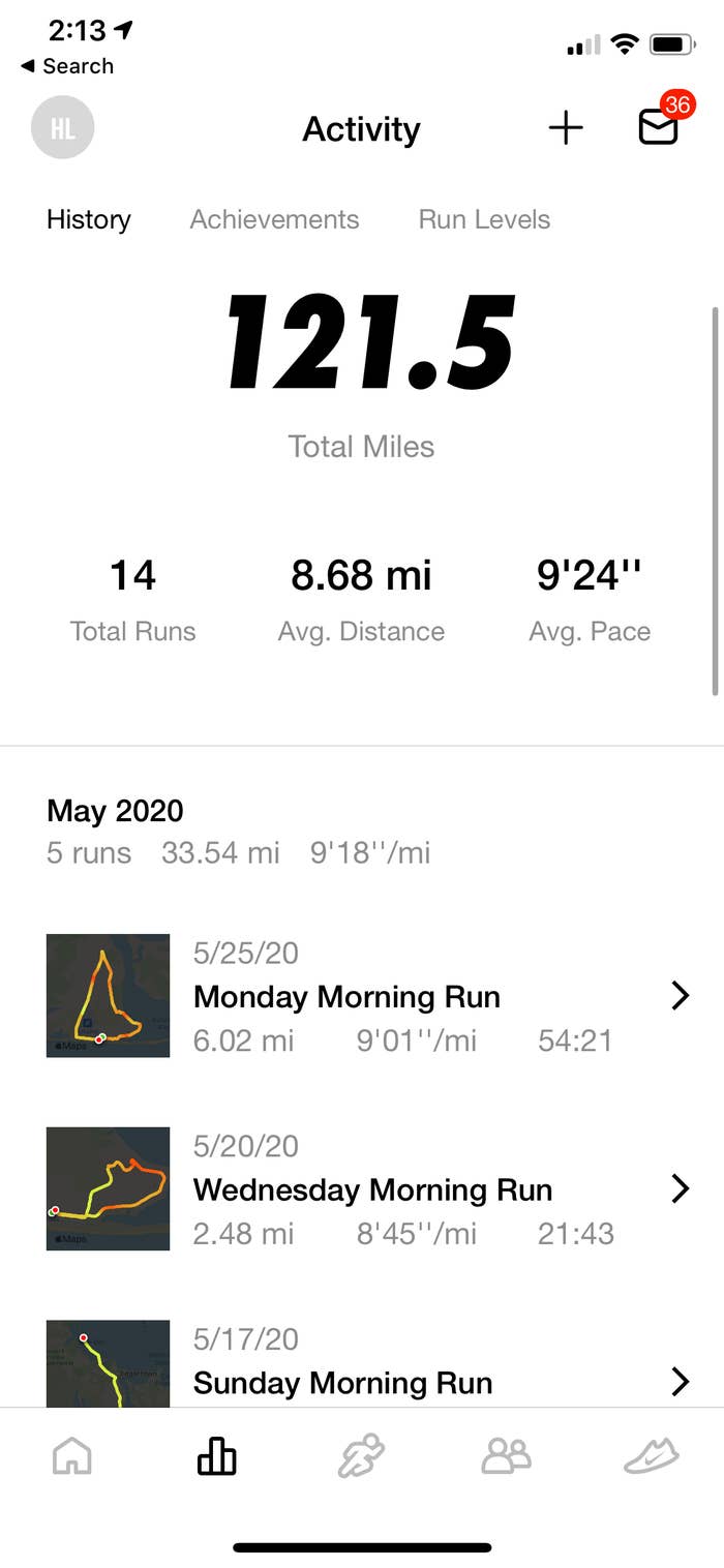 A screenshot of my running history on the Nike Run App.