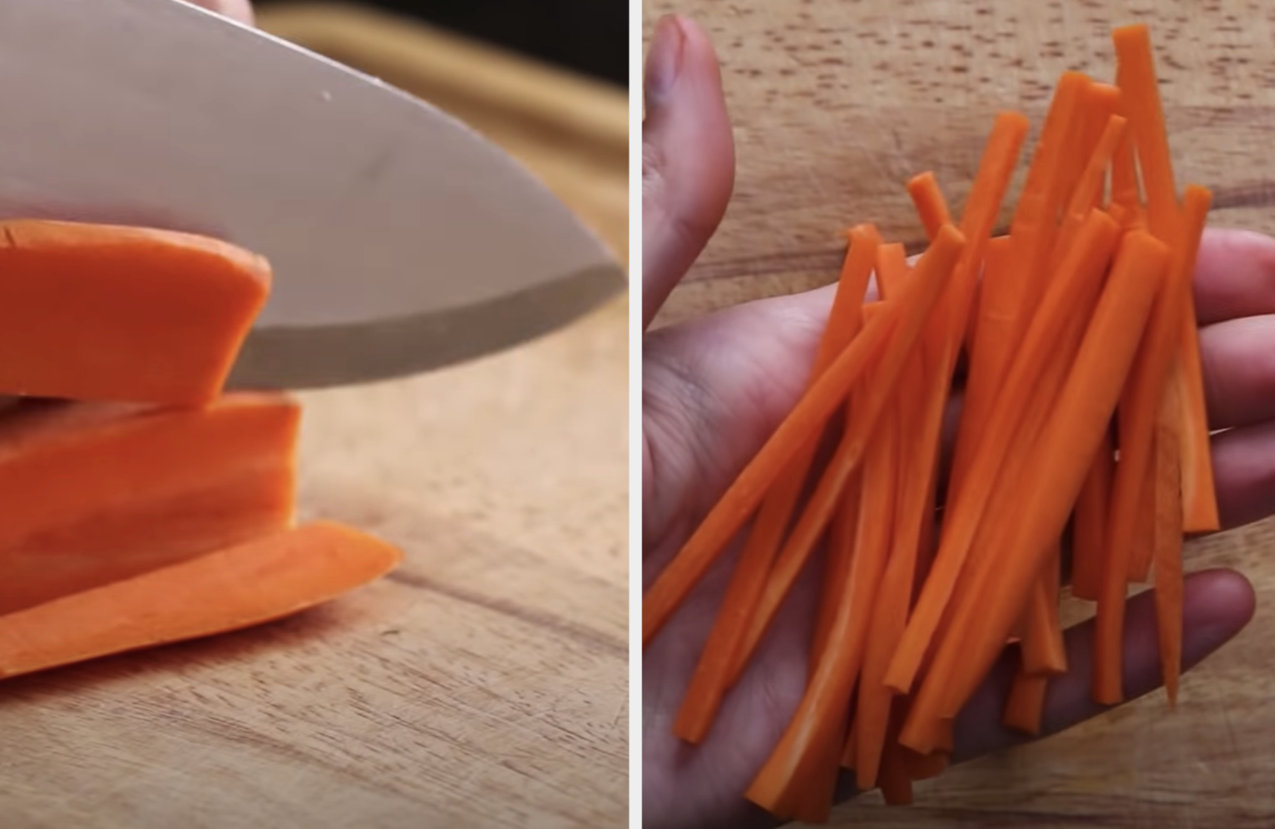 A sharp knife slicing through carrots