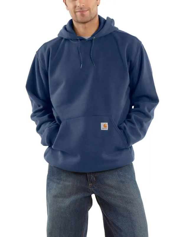 Model wearing a blue hooded sweatshirt with front pouch pocket