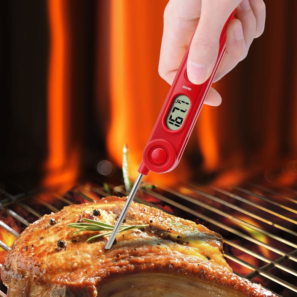Product photo showing the ThermoPro instant read thermometer being inserted into a pork chop on the grill, showing an internal temperature of 167 degrees Fahrenheit