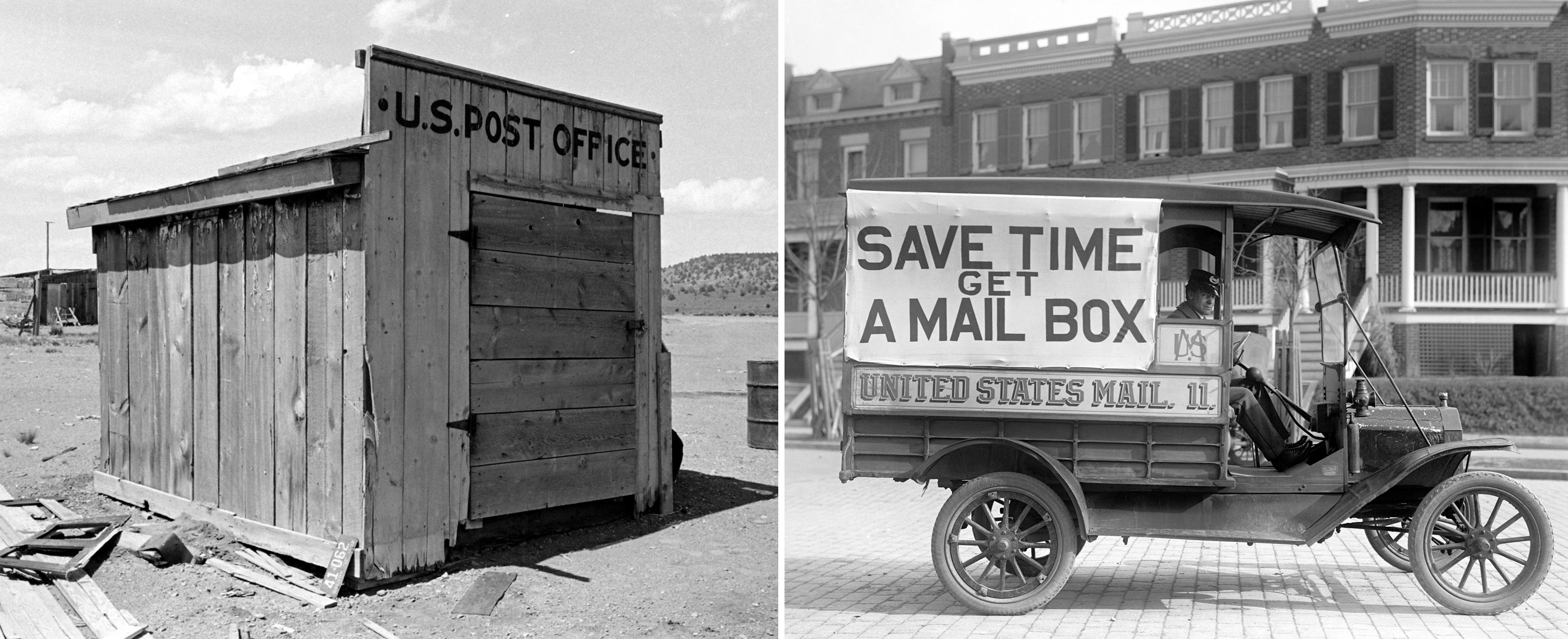 A tiny shuttered wood building reading &quot;US Post Office&quot; in the middle of a desolate landscape, and a mail wagon that says &quot;save time, get a mail box in a city