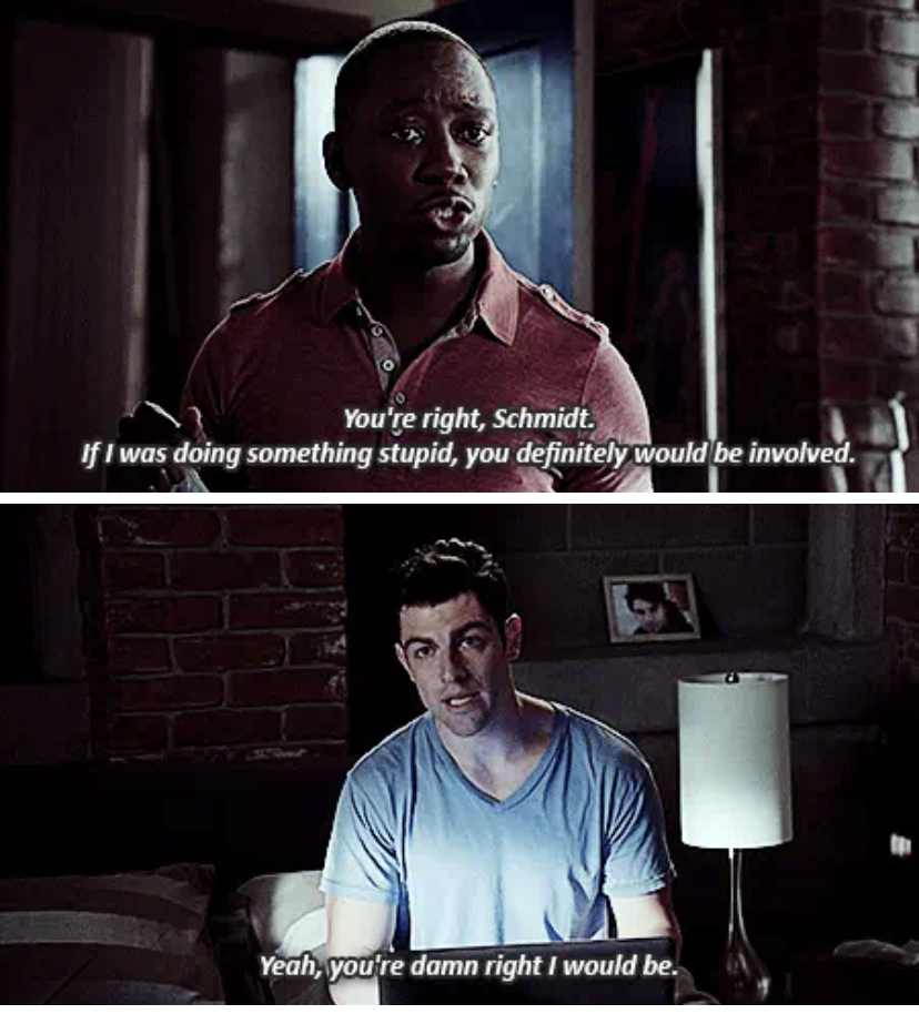 Winston: "You're right, Schmidt. If I was doing something stupid, you definitely would be involved." Schmidt: "You're damn right I would be"