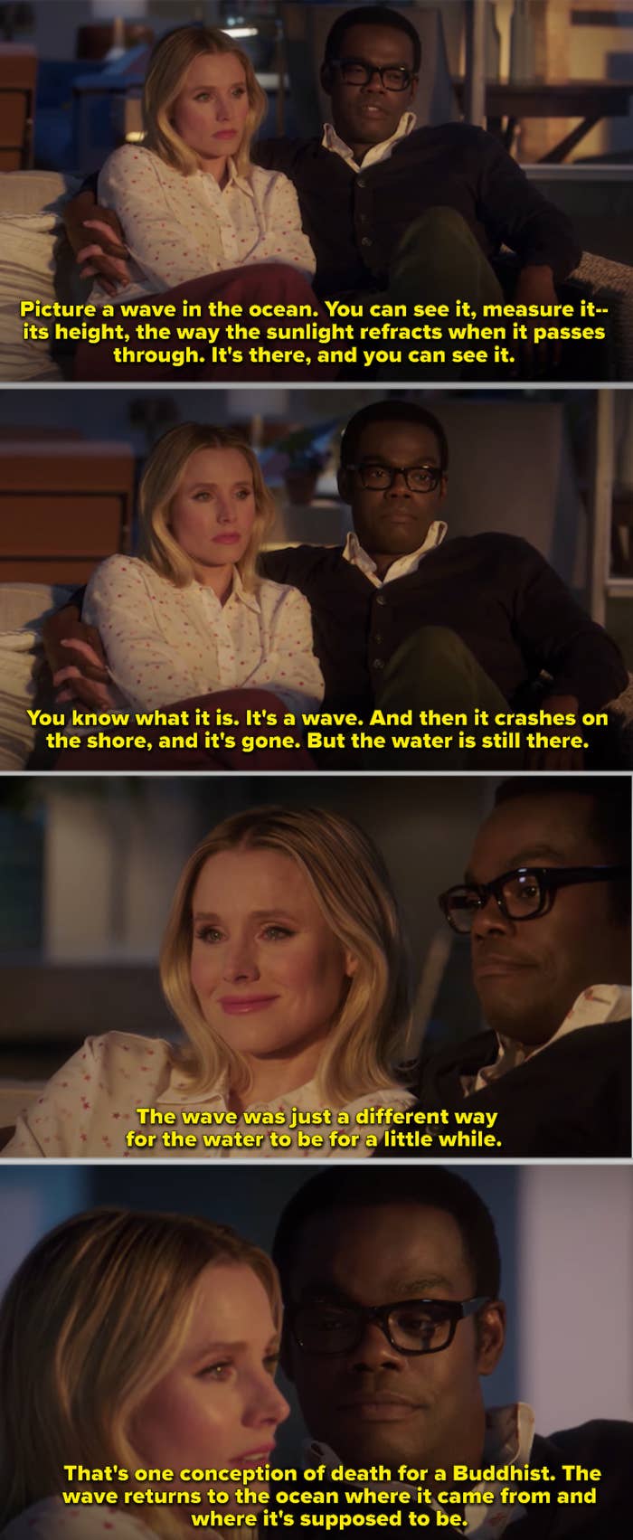 Chidi talks to Eleanor about demise as they sit together and look the sunset