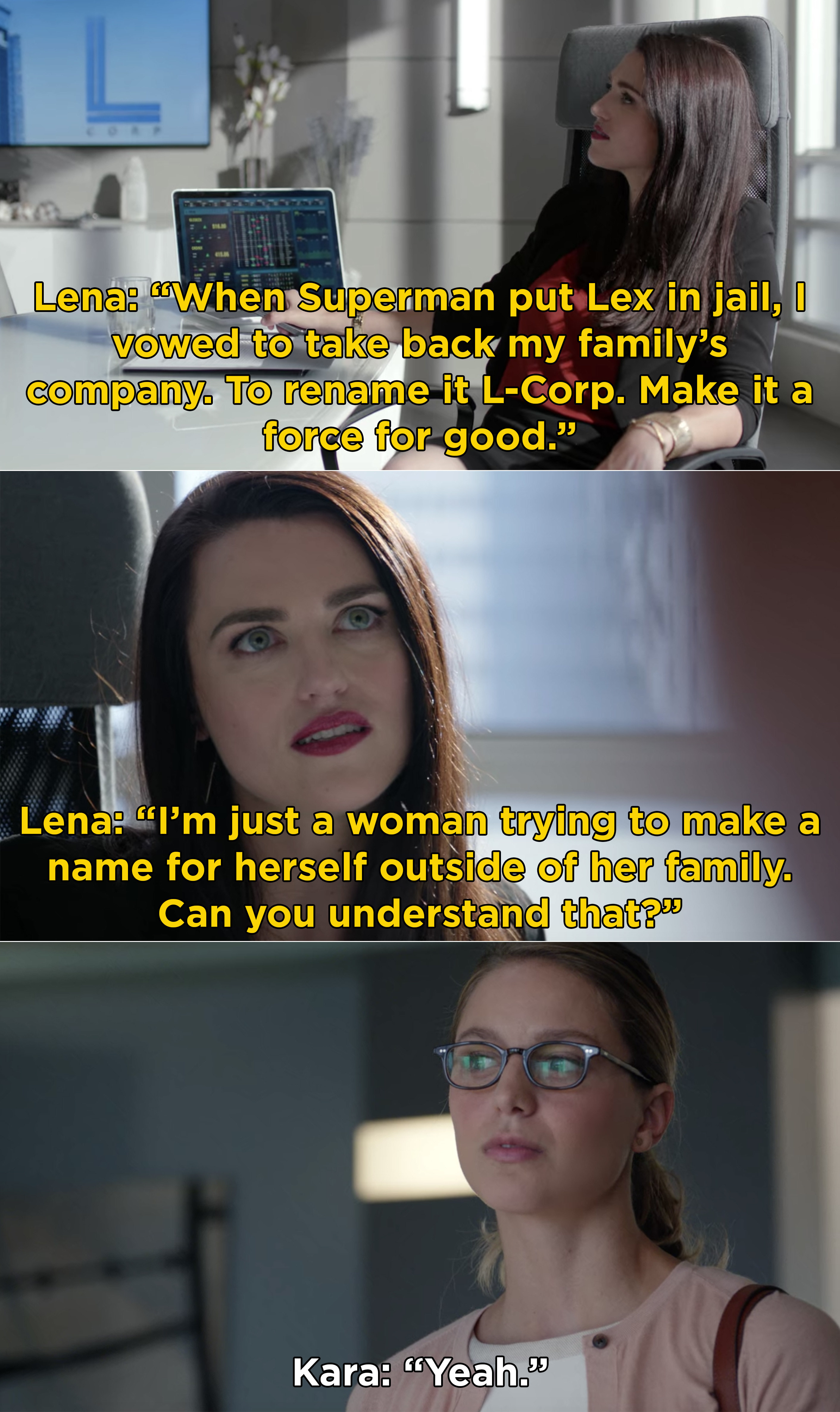 Lena explaining to Kara that she wanted to get out of Lex&#x27;s shadow and make a name for herself outside of her family