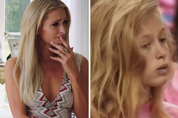 Paris Hilton tearing up as an adult and Paris Hilton as a child
