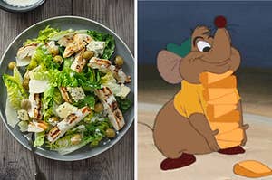 On the left, a Caesar salad with chicken, and on the right, Gus Gus from "Cinderella" holds wedges of cheese in his hands