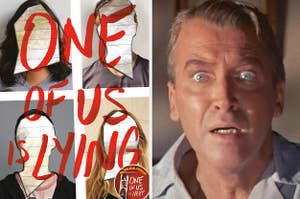 The cover for Karen M. McManus' novel "One of Us is Lying" side-by-side with Jimmy Stewart looking shocked in "Rear Window." 