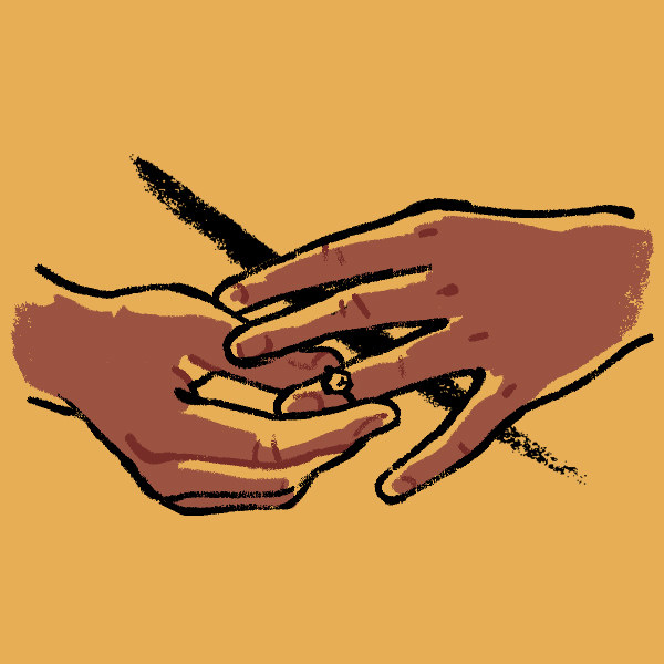 Illustrated drawing of hands and a ring