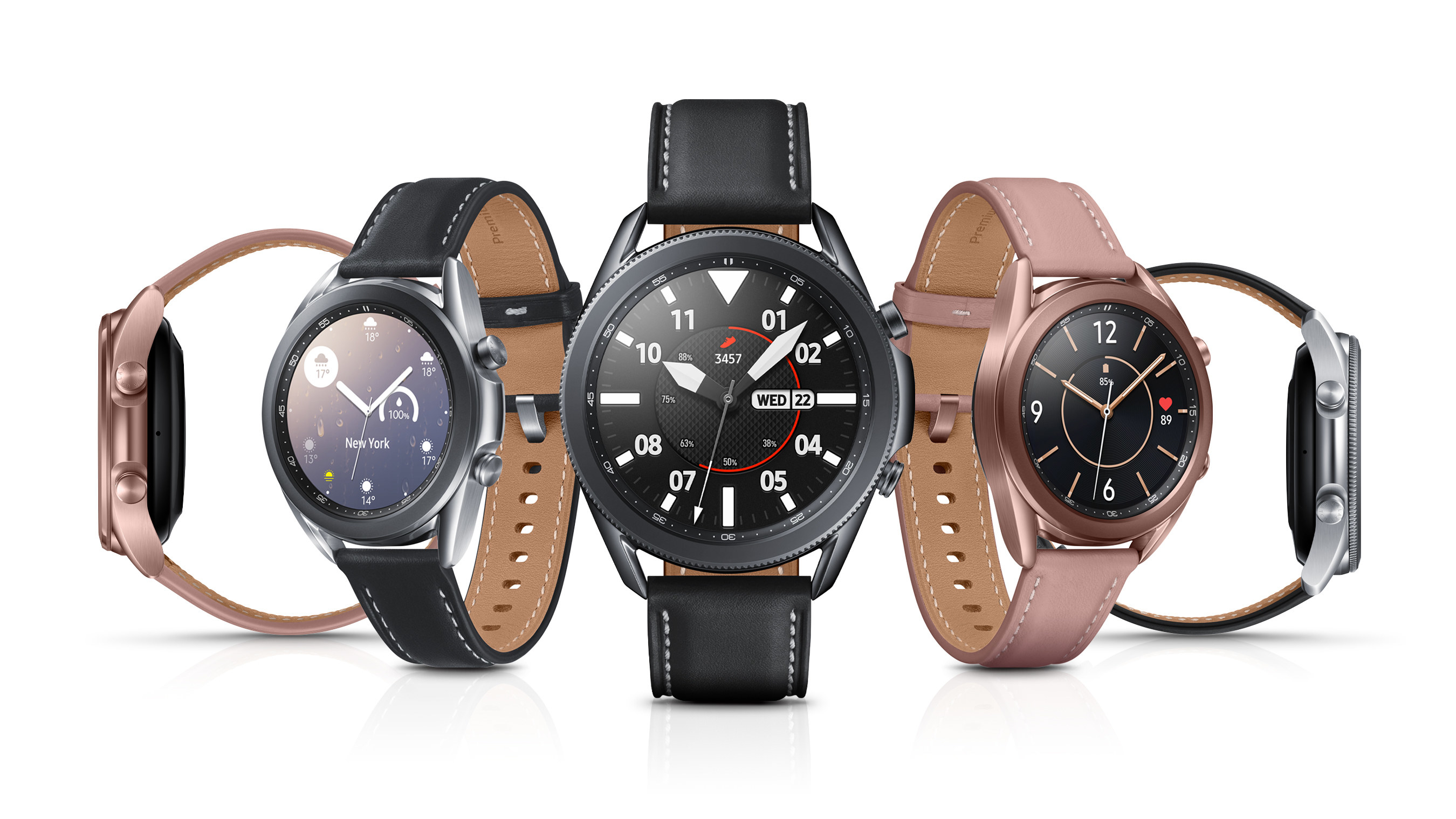 The Samsung Galaxy Watch3 in various sizes and Mystic Black, Mystic Silver, and Mystic Bronze colors with different customizable watch faces