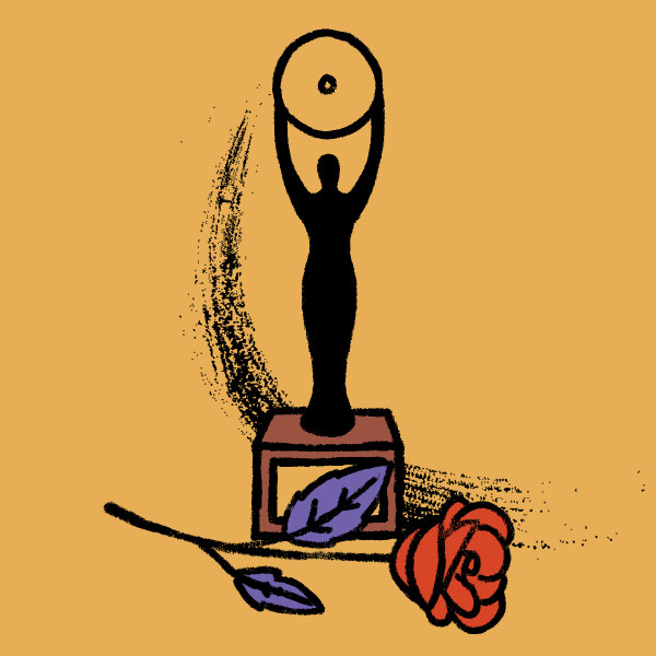 Illustrated drawing of an award and a rose