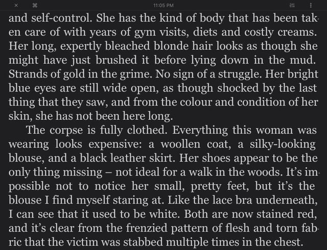 Text about a man describing the pretty feet of a female corpse. 