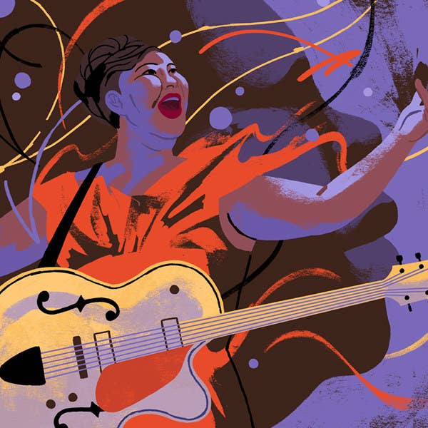 Beautiful illustration of Sister Rosetta Tharpe singing and playing guitar
