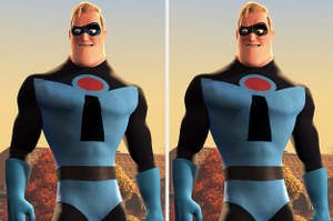 Side-by-side images of Mr. Incredible in a blue mask and Mr. Incredible in a black mask