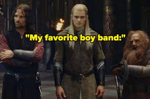 Aragorn, Legolas, and Gimli standing together with text overlay reading "My favorite boy band."