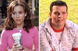 Gretchen is on the left holding a coffee while Damian is sitting on a lawn on the right
