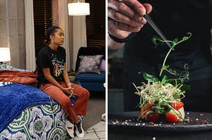 Zoe from "Blackish" sitting on bed and chef cooking.
