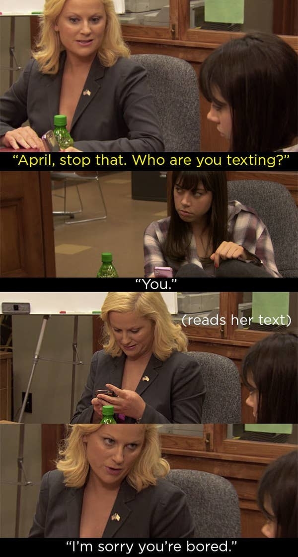 April texts Leslie that she&#x27;s bored during a meeting