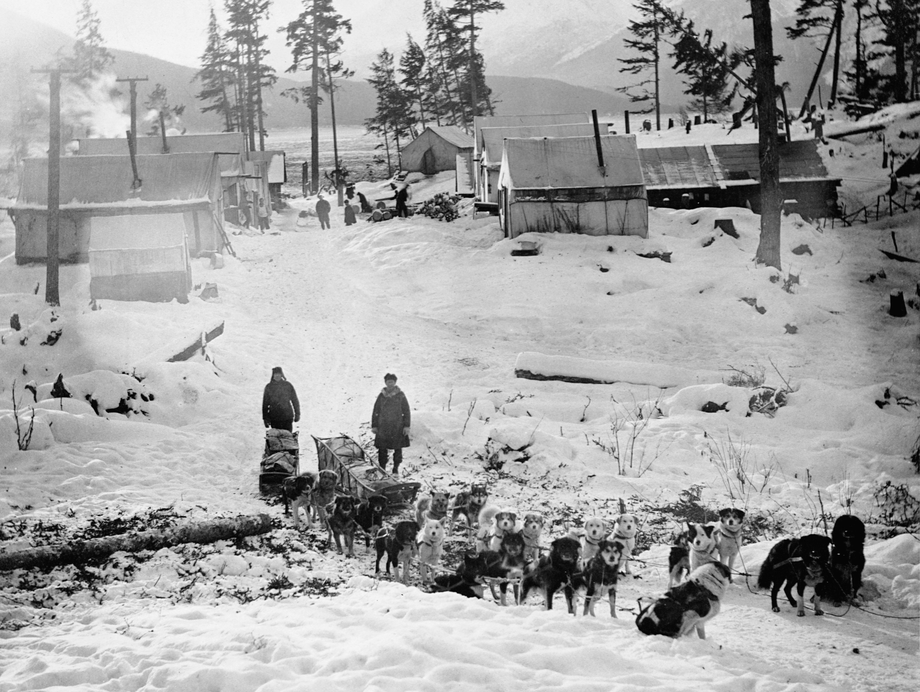 Two dogsled teams and pull carts filled with mail in a snowy village