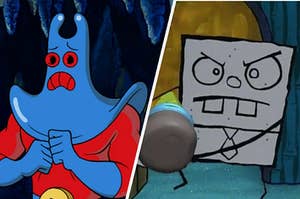 Ray Man is in a cave wearing a mask on the left with DoodleBob holding a pencil on the right