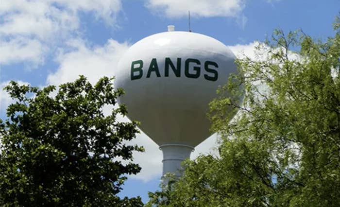 A water tower that says &quot;Bangs&quot;