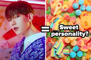An image of Baekhyun from his music video candy next to an image of various sweet and sour candy 