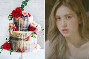 A beautiful tiered cake with of flowers and fruit next to an image of K-Pop solo artist Somi