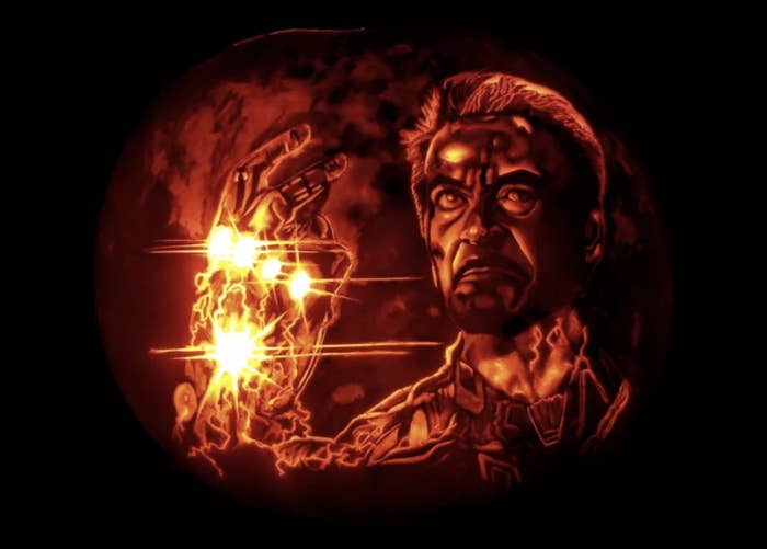 Iron Man, in the moment he snaps the gauntlet, has been carved into a pumpkin