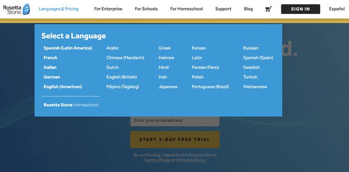 Dropdown menu of language options on Rosetta Stone site
