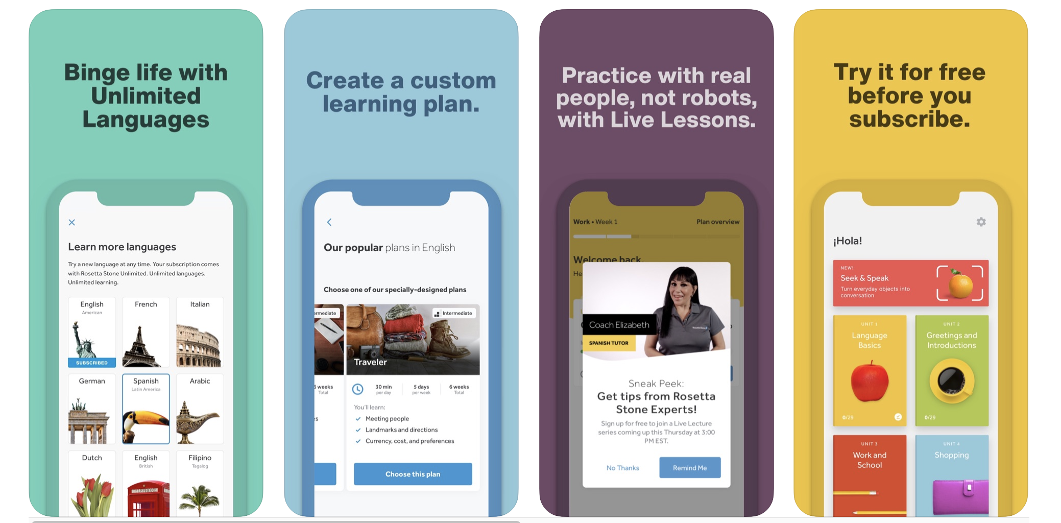 Various screenshots of the Rosetta Stone app on smartphones