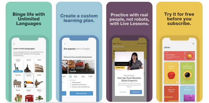 Various screenshots of the Rosetta Stone app on smartphones